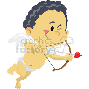 A cheerful cartoon cupid character with wings, holding a bow and arrow with a heart-shaped tip, symbolizing love and Valentine's Day.