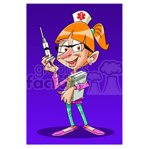   This clipart image depicts a stylized, comic rendition of a female nurse. She has a cheerful expression and is holding a large hypodermic needle in one hand, while carrying a stack of books in the other arm. She is wearing glasses, a nurse