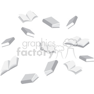 A collection of gray book illustrations in various open and closed positions, symbolizing education and reading.