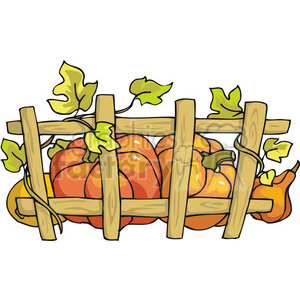 The image is a colorful clipart illustration depicting a group of ripe, orange pumpkins behind and around a wooden fence, with some green leaves scattered throughout suggesting an autumnal setting.