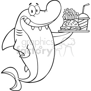 This image displays a cartoon of a smiling shark carrying a platter of fast food, including a cheeseburger, a portion of French fries, and a soft drink with a straw. The cartoon style is simple and humorous, with the shark standing upright in a human-like pose.