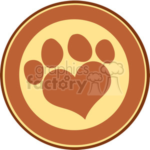 The image depicts a stylized illustration of a paw print that incorporates a heart shape within the larger pad area. The color scheme consists of warm tones with a variation of browns, and it is set against a circular background, resembling a badge or emblem.