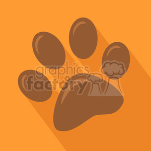   The image is a simple clipart illustration of an animal paw print. The paw print consists of four toe pads and a larger heel pad, depicted in a stylized, flat design with shadowing effects that give it a slightly three-dimensional appearance. The background is a solid, warm orange color, creating a contrasting backdrop for the brown paw print. 