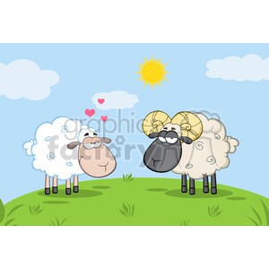 In the clipart image, there are two humorous, anthropomorphized sheep standing on a grassy hill under a blue sky with a few clouds and the sun shining brightly. One of the sheep, with fluffy white wool, is depicted with three hearts floating above its head, suggesting affection or love, and the other sheep has a black face and golden horns, suggesting it might be a ram.
