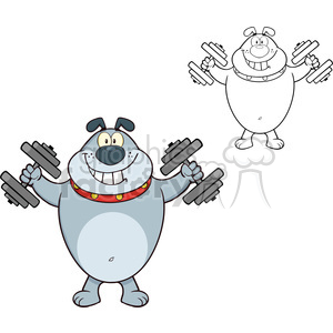 7214 Royalty Free RF Clipart Illustration Smiling Gray Bulldog Cartoon Mascot Character Training With Dumbbells