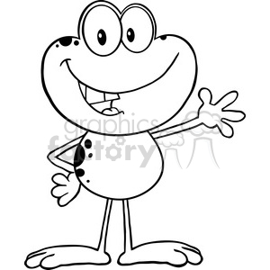 The image is a black and white clipart of a cartoon frog. It features the frog standing upright, smiling broadly, and raising one hand as if waving. The frog has large, bulging eyes and a pattern of dots on its belly that may represent spots or coloring typical of real frogs.