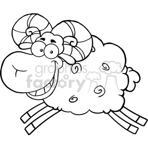 The clipart image shows a cartoon of a sheep with exaggerated features that lend a humorous effect: big, swirly horns, wide eyes, a large grin, and a fluffy body. The sheep appears to be jumping or frolicking, which adds to the funny and lively character of the illustration.