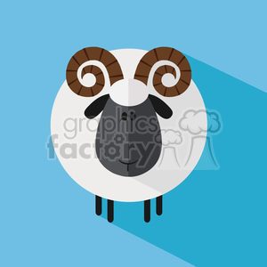 The image is a simplified, stylized representation of a ram. The ram has a large white body, a black face with simple facial features, and characteristic large, brown, curved horns. Its legs are black, thin, and straight. The background is a light blue, casting a subtle shadow beneath the ram, giving the appearance of the animal standing on a surface. This clipart follows a flat design style, utilizing simple shapes and minimal detail for a clean, playful aesthetic.
