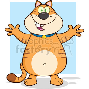   This clipart image features a cartoon cat standing upright. The cat appears cheerful and is smiling, with its arms stretched out to the sides as if ready for a hug. It has large green eyes, a playful expression, and wears a blue collar with a yellow bell. The cat has typical feline characteristics such as striped fur, pointy ears, a tail, and whiskers, but it