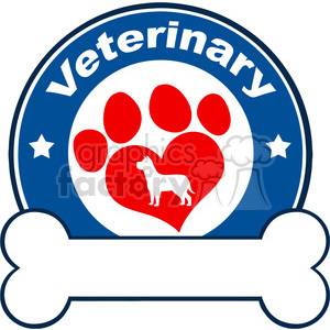 A veterinary clipart image featuring a large red paw print with a heart in the center and a silhouette of a dog inside the heart. The image is encircled by a blue badge with the word 'Veterinary' at the top and stars on either side. Below the badge is a large, white cartoon-style bone.