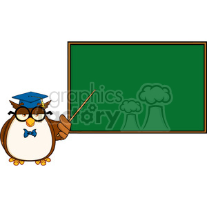 Funny cartoon owl wearing a graduation cap and glasses, standing next to a green chalkboard while pointing with a stick.