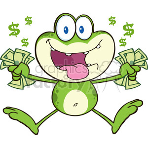 This image features a cartoon frog holding cash in both hands with a large smile on its face. There are also dollar signs floating around the frog, suggesting it has a lot of money or is very happy about earning money.