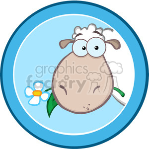 This clipart image features a comical illustration of a sheep. The sheep appears to be upside-down with its fluffy body at the top, playful eyes with large pupils, and a small tuft of hair. It's also holding a white flower with a yellow center in its mouth, adding to the whimsical nature of the image. The background consists of a blue circular shape providing a nice contrast and highlighting the amusing pose of the sheep.