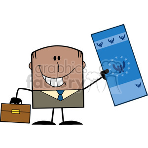   Royalty Free RF Clipart Illustration Lucky African American Businessman With Briefcase Holding A Euro Bill Cartoon Character 