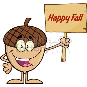   Royalty Free RF Clipart Illustration Smiling Acorn Cartoon Mascot Character Holding A Wooden Board With Text Happy Fall 