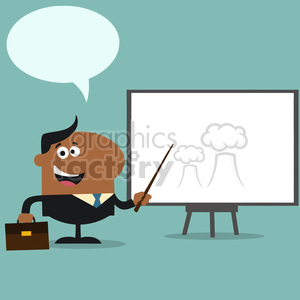 A cartoon businessman with a briefcase and a pointer, standing next to a blank whiteboard.