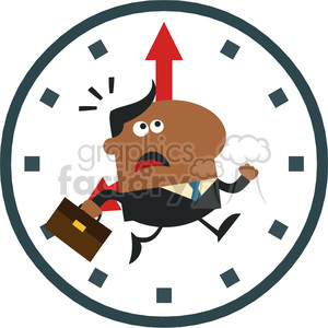 Clipart image of a worried cartoon businessman running with a briefcase inside a clock, with red clock hands indicating urgency or a time-related deadline.