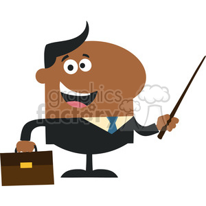 This clipart image features a cartoon businessperson holding a briefcase in one hand and a pointer stick in the other. The character is dressed in a suit and has a cheerful expression.