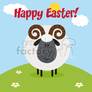 8243 Royalty Free RF Clipart Illustration Cute Ram Black Head Sheep With Flower On A Hill Modern Flat Design Vector Illustration With Text