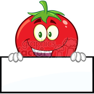 8390 Royalty Free RF Clipart Illustration Smiling Tomato Cartoon Mascot Character Over A Blank Sign Vector Illustration Isolated On White