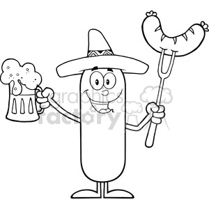 8449 Royalty Free RF Clipart Illustration Black And White Happy Mexican Sausage Cartoon Character Holding A Beer And Weenie On A Fork Vector Illustration Isolated On White