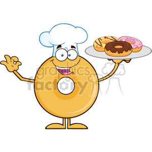 8662 Royalty Free RF Clipart Illustration Donut Cartoon Character Wearing A Chef Hat And Serving Donuts Vector Illustration Isolated On White