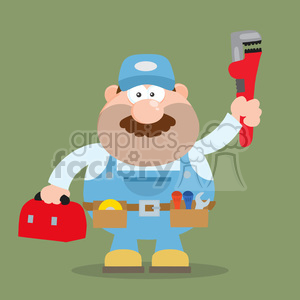 8540 Royalty Free RF Clipart Illustration Mechanic Cartoon Character With Wrench And Tool Box Flat Style Vector Illustration With Background