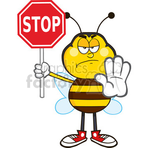8379 Royalty Free RF Clipart Illustration Angry Bee Cartoon Mascot Character Holding A Stop Sign Vector Illustration Isolated On White