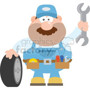 8557 Royalty Free RF Clipart Illustration Smiling Mechanic Cartoon Character With Tire And Huge Wrench Flat Syle Vector Illustration Isolated On White