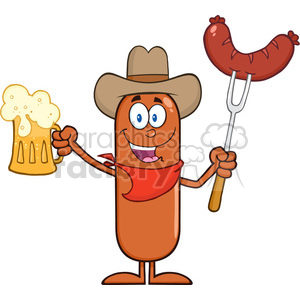 8442 Royalty Free RF Clipart Illustration Cowboy Sausage Cartoon Character Holding A Beer And Weenie On A Fork Vector Illustration Isolated On White