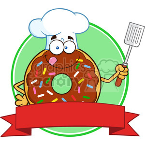   8691 Royalty Free RF Clipart Illustration Chocolate Chef Donut Cartoon Character With Sprinkles Circle Label Vector Illustration Isolated On White 