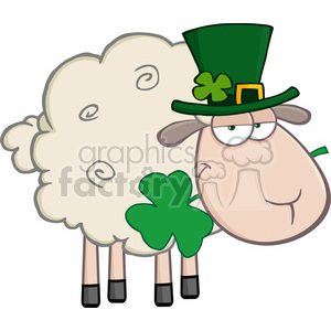 A cartoon sheep wearing a green St. Patrick's Day hat adorned with a shamrock.