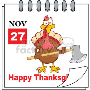 Royalty Free RF Clipart Illustration Cartoon Calendar Page Turkey With Axe And Happy Thanksgiving Greeting