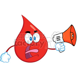 Cartoon blood drop character holding a megaphone