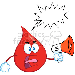 A cartoon blood drop character holding a megaphone with a speech bubble, looking animated and expressive.