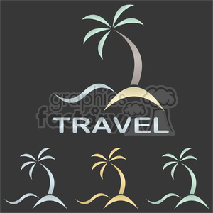 Clipart image featuring a minimalist palm tree design with the word 'TRAVEL' beneath it. The design is presented in three color variants, all on a dark background.