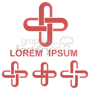 A red abstract cross-shaped clipart image with the text 'LOREM IPSUM' underneath. There are three smaller versions of the same cross symbol aligned horizontally at the bottom.