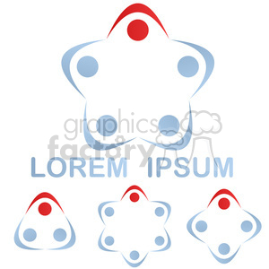 The clipart image features a star-shaped design with rounded edges and five blue circles at the tips, accompanied by a red arc-like shape with a red circle at the top. Below the main design, there are three smaller variations of the star shape, along with the placeholder text 'Lorem Ipsum' in blue capital letters.