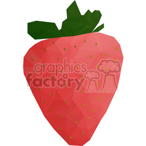 A polygonal geometric illustration of a strawberry with a red body and green leaves.