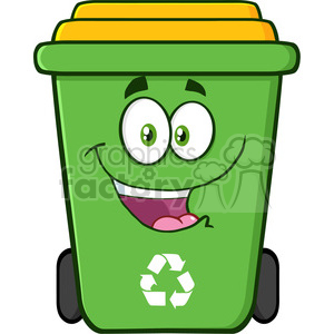 A cartoon green recycle bin with a yellow lid