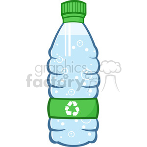 The image is a clipart of a plastic water bottle. The bottle has a green cap and a green label featuring the recycling symbol, suggesting that it is recyclable. The body of the bottle is transparent with blue water and bubbles visible inside.