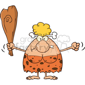 grumpy cave woman cartoon mascot character holding up a fist and a club vector illustration