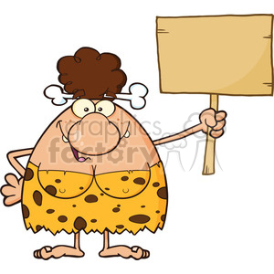 A cartoon-style illustration of a cavewoman with curly hair and a bone in her hair, wearing a spotted dress and holding a blank sign.