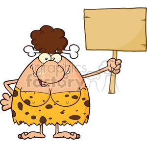 happy brunette cave woman cartoon mascot character holding a wooden board vector illustration