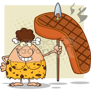 10034 smiling brunette cave woman cartoon mascot character holding a spear with big grilled steak vector illustration