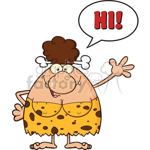 A cartoon cavewoman with a bone in her hair, wearing a yellow, spotted dress, and saying 'Hi!' in a speech bubble.