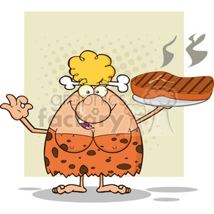 chef cave woman cartoon mascot character holding up a platter with big grilled steak and gesturing ok vector illustration