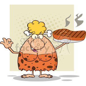 Cartoon of a smiling cavewoman with a bone in her hair, holding a steaming steak on a plate.