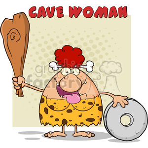 happy red hair cave woman cartoon mascot character holding a club and showing whell vector illustration with text cave woman 01