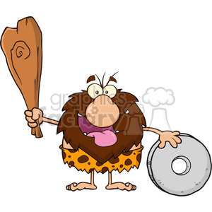 happy male caveman cartoon mascot character holding a club and showing whell vector illustration